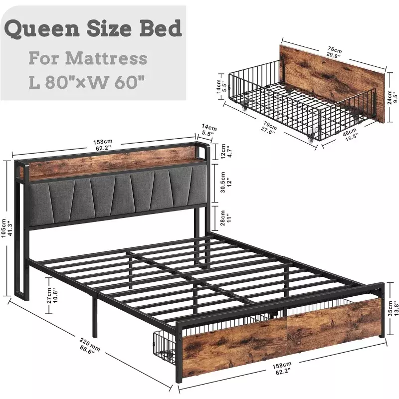 Planche de sauna de rangement de cadre de lit avec station de charge, plate-forme de lit avec wers de proximité, assemblage facile nécessaire, sans ressort, marron et gris vintage