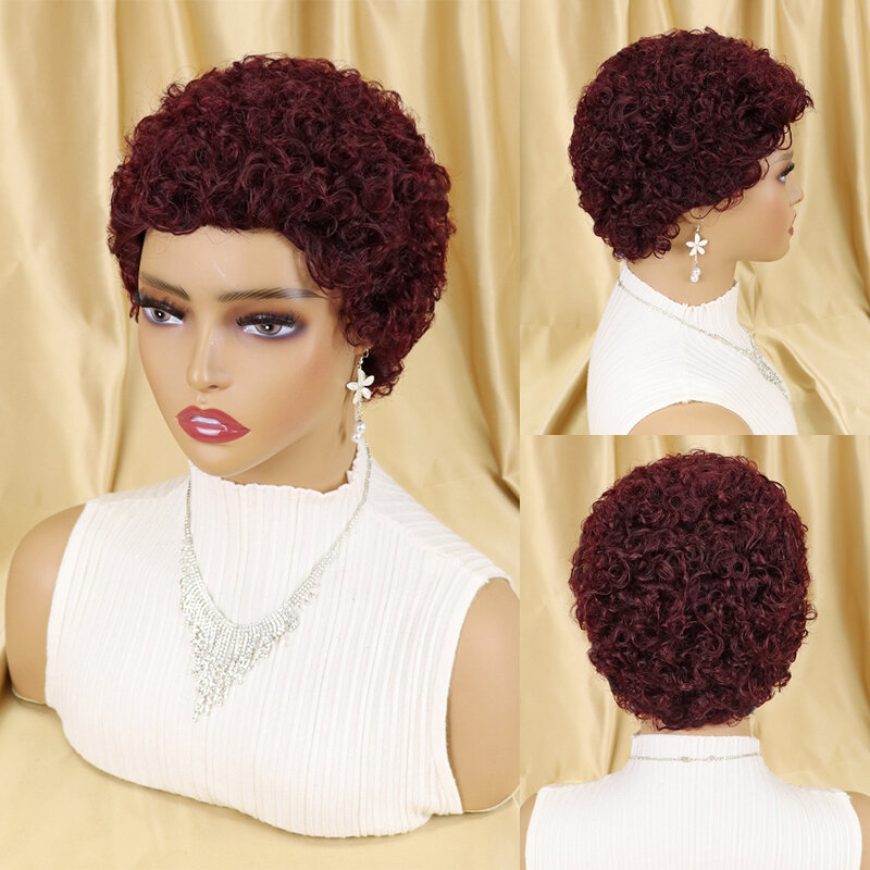 Peluca de cabello humano rizado Afro para mujer, pelo corto de 150% de densidad, corte Pixie, Remy, Marrón Borgoña