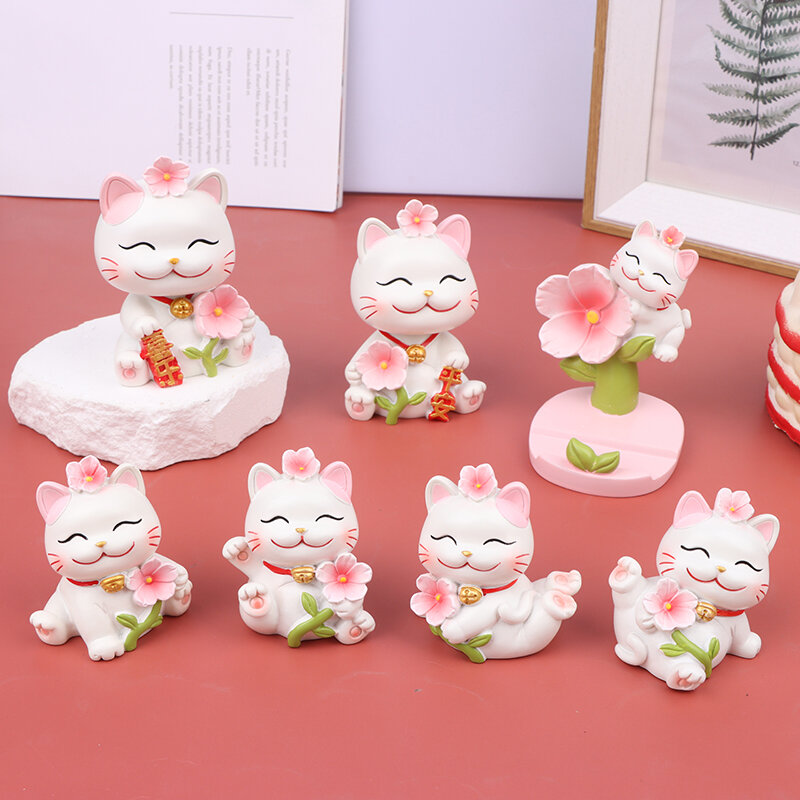 Creative Resin Lucky Cat Ornament Cute Cherry Blossom Cats Home Car Decor Phone Stand Holder Feng Shui Decoration Birthday Gift