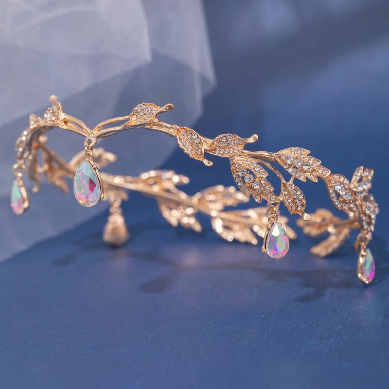 New Vintage Crown Leaves Waterdrop Pendent Tiara Wedding Hairband strass Party Princess Elf Hairdress Jewelry