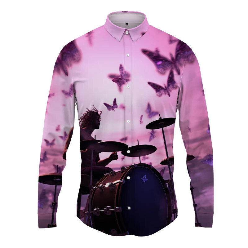 Newest Men's Fashion Casual Long Sleeve Shirts Men's Playing Drums 3d Printed Shirts Street Trend Shirts Sports Party Shirts Top