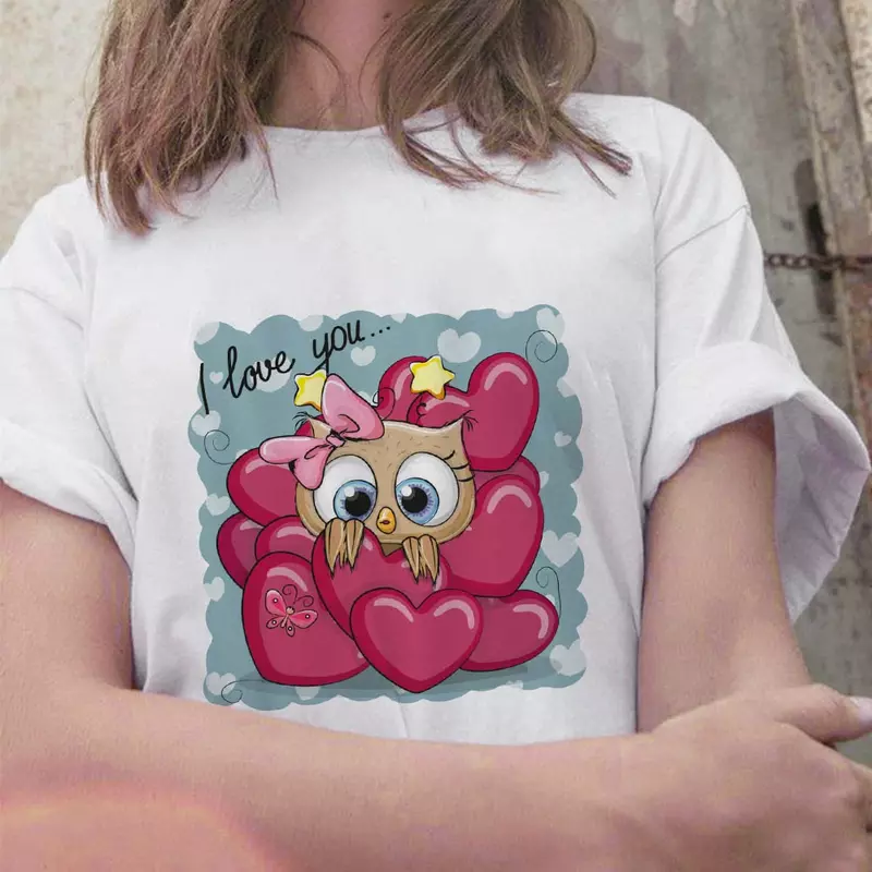 Cute Owl Print T-Shirt Cute Cartoon Owl Top Fashion Casual Shoulder Tshirt donna T-Shirt oversize abbigliamento donna Top Tee