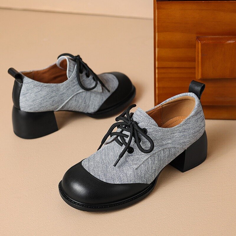 Sepatu wanita kulit asli bertali, SEPATU tunggal ujung bulat sol tebal sepatu lembut serbaguna berpergian kasual