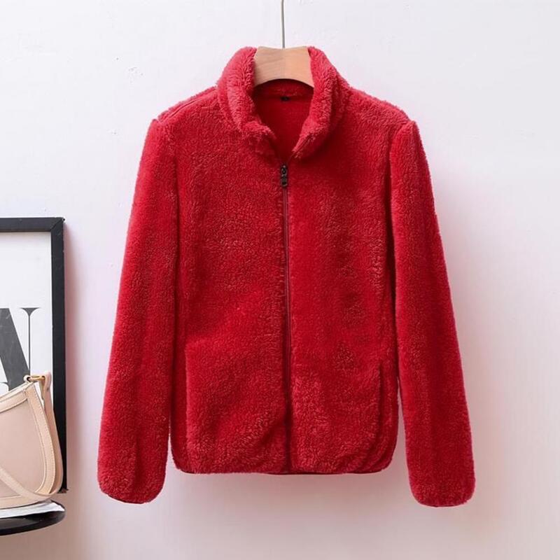 Abrigo grueso de lana de Coral para mujer, chaqueta con cierre de cremallera, cuello alto, protección del cuello, invierno y otoño