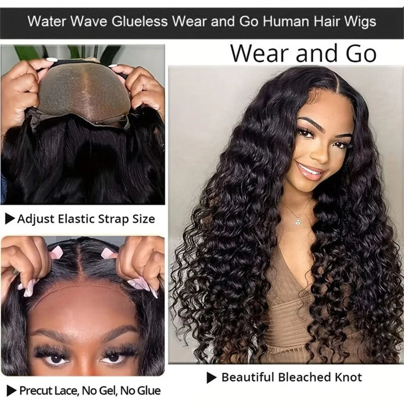 Wear and Go-Perruque Lace Front Wig Deep Wave Brésilienne Naturelle Remy, Cheveux Humains, 4x4, Pre-Plucked, Sans Colle, pour Femme