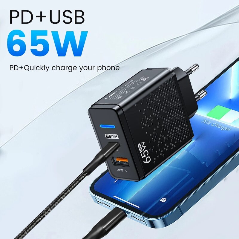New 65W USB Charger Fast Charging PD 3.0 Mobile Adapter Suitable for IPhone Xiaomi 12 Huawei Samsung IPad Tablet C-type Charger