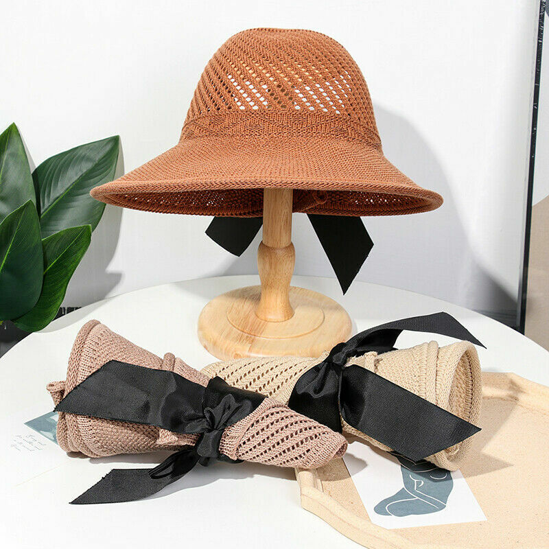 Women Sun Hat Portable Foldable Wide Beach Hat Women Empty Top Visors Cap Bow Tie Breathable Hat Foldable Anti-UV Female Cap