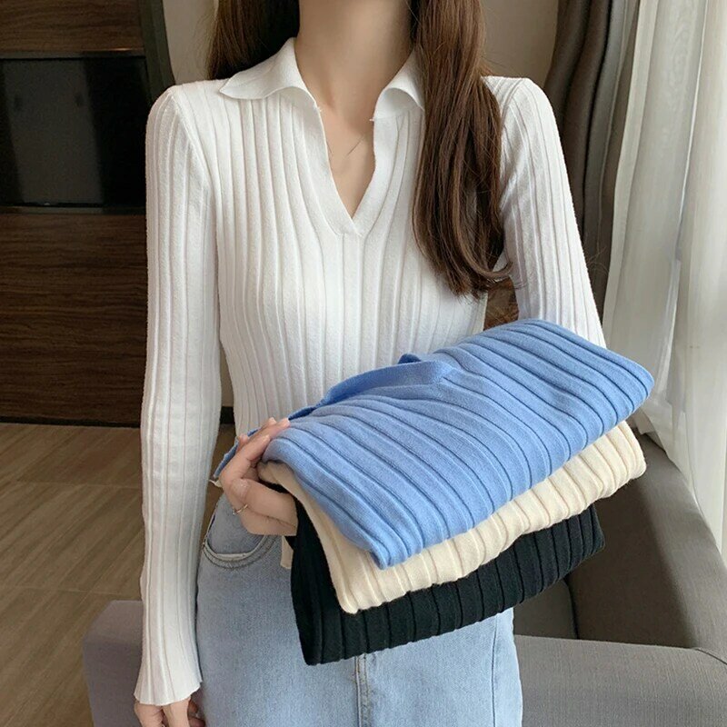 Maglioni scollo a v stile coreano donna autunno inverno pullover lavorato a maglia manica lunga donna 2021 maglioni Slim Fit solidi donna