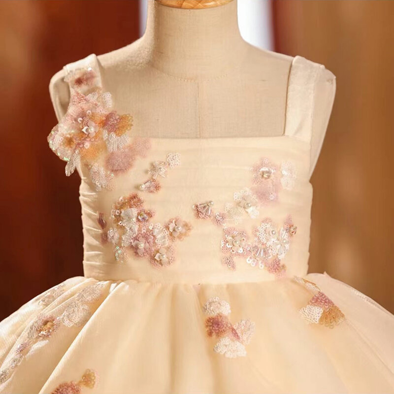 Jill życzy eleganckiej sukni z szampanem kwadratowy kołnierzyk dubaju dla dzieci urodziny księżniczki przyjęcie weselne suknia na konkurs piękności dziecka J056