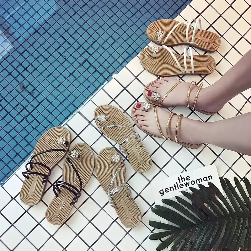Zapatillas de exterior para mujer, sandalias de playa con cristales dorados, Punta abierta plana, impermeables, de diseñador Y I