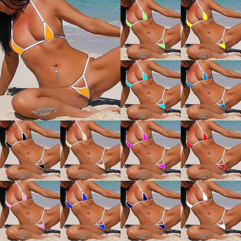 Sexy Frauen Tanga einfarbig Bikini Set Seite Neck holder Krawatte Badeanzug Damen Split Strap verstellbare brasilia nische Bade bekleidung Beach wear