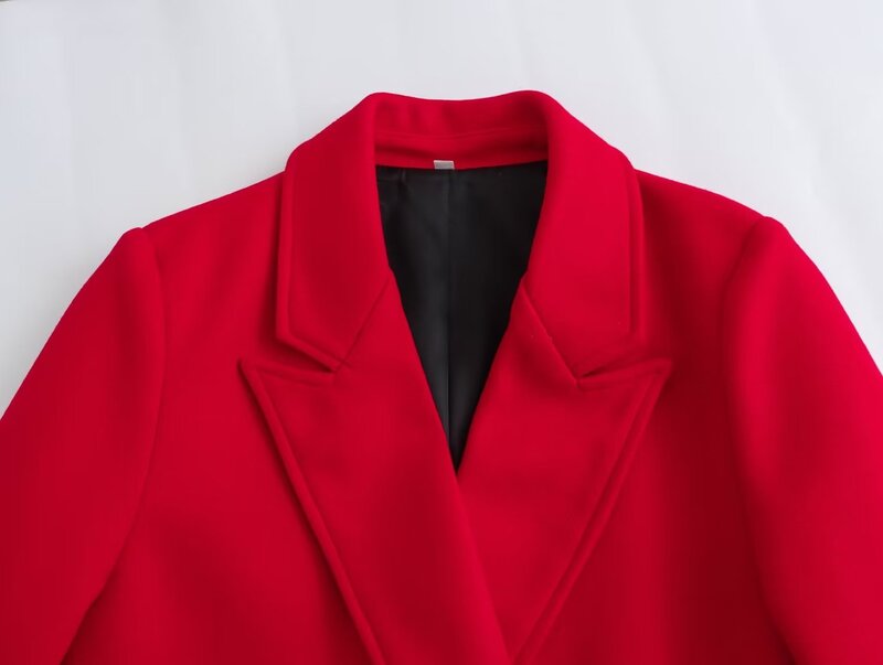 เสื้อโค้ทขนสัตว์กระดุมสองแถวสีแดงยาวมีกระเป๋าด้านข้างแนววินเทจเสื้อกันหนาวเก๋ไก๋แฟชั่นใหม่