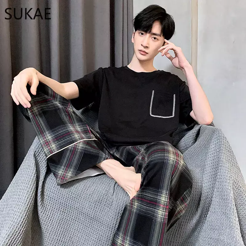 SUKAE L-4XL Pakaian Tidur Santai Elegan Katun Musim Panas Set Piyama Pria Gaya Minimalis Korea untuk Anak Laki-laki Baju Tidur Pria Kasual