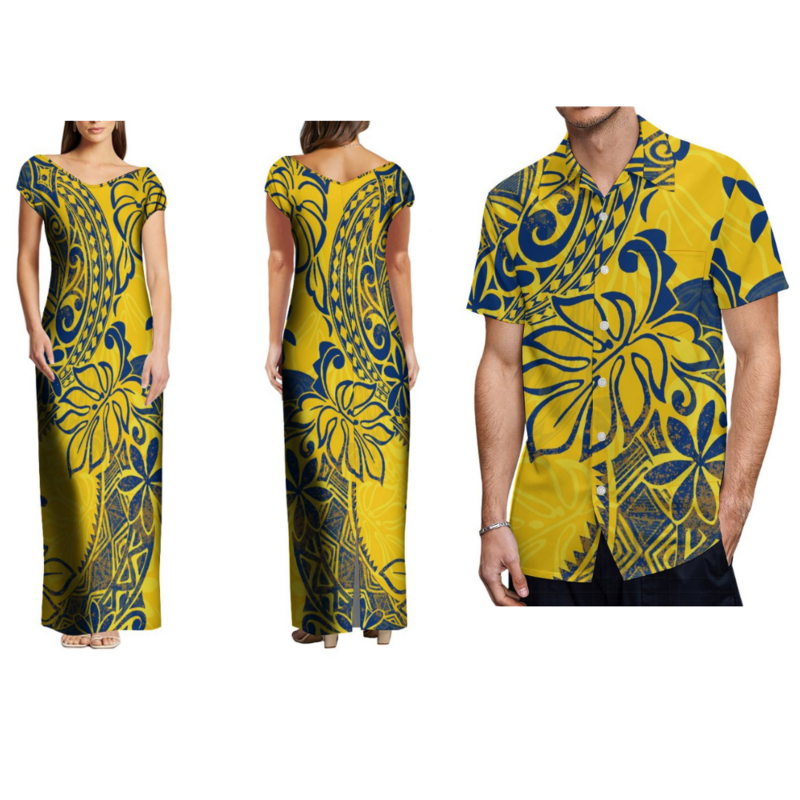 Платье с V-образным вырезом и открытыми плечами, приталенное платье, комплект для пары полинезийских этнических цветов, мужская рубашка с карманами, женское элегантное платье