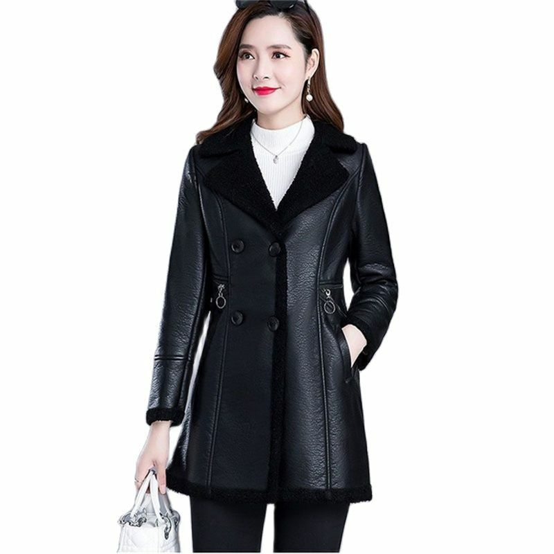 Leather Coat  Female Coat Winter 2022 Medium Long Add Velvet Keep Warm Coats Slim Fit Skin Hair One Body Leather Jacket Ladies