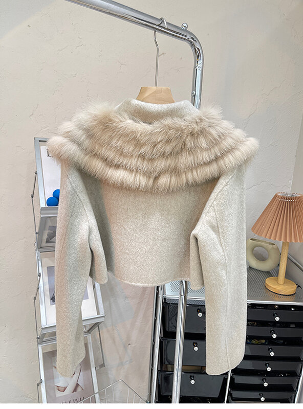 Casaco de pele real feminino com gola de pele de raposa natural, lã curta, caxemira, lã, casacos femininos, jaqueta feminina, outono, inverno