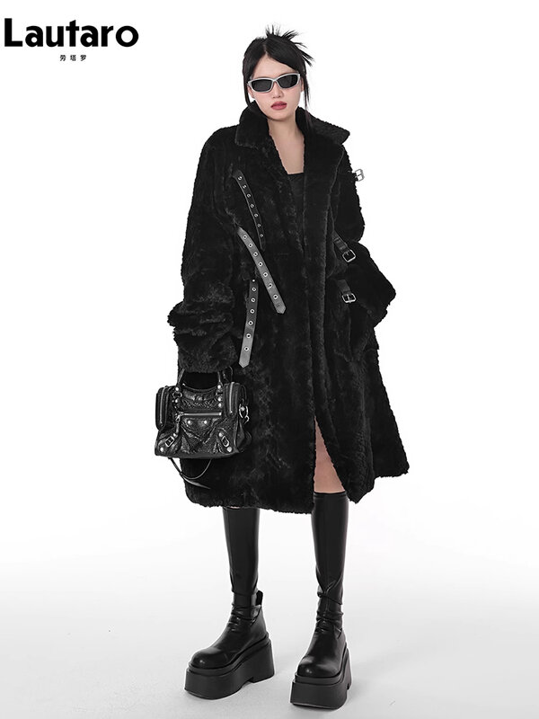 Lautaro 여성용 스탠드 칼라 펑크 스타일 푹신한 재킷, 시원한 롱 루즈 캐주얼 코트, 부드럽고 두껍고 따뜻한 블랙, 푹신한 인조 모피 코트, 2023