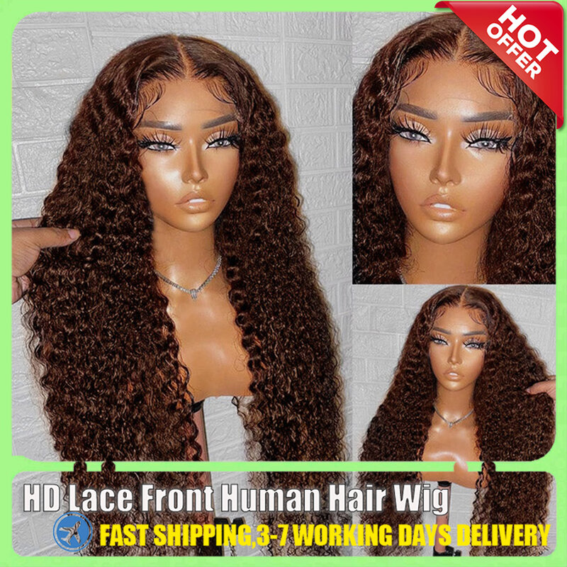 Peruca de cabelo humano de onda profunda marrom chocolate para mulheres, 13x6 HD Lace Front, onda de água encaracolada, 30 ", perucas frontais transparentes