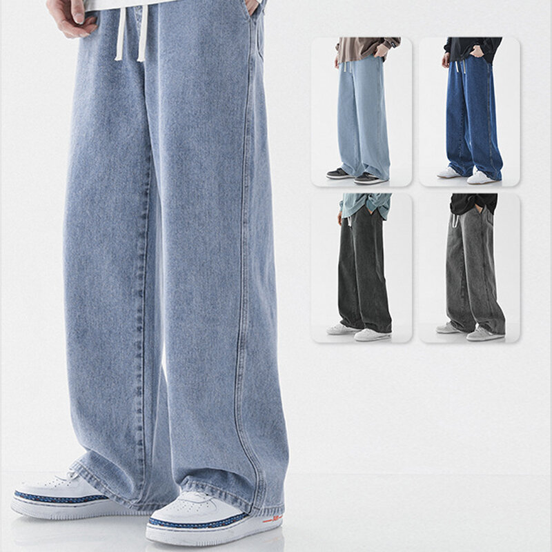 Spring Summer Blue Oversize Straight Jeans Men Streetwear Denim Pants Vintage Drawstring Elastic Waist Loose Wide Leg Trouser
