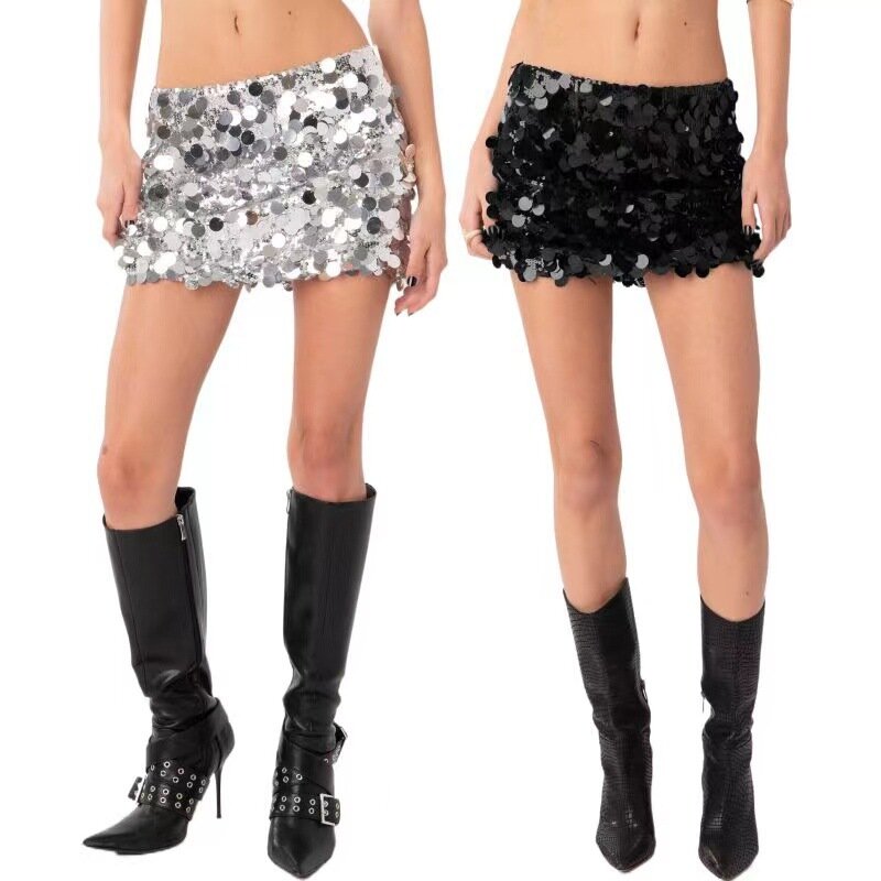 Rok Mini payet berkilau wanita, rok Bodycon berkilau paket pinggul Vintage, pakaian jalanan musim panas Goth Y2k