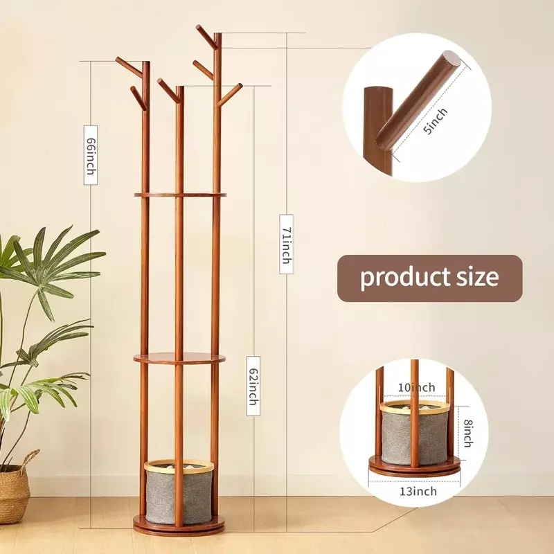 Hat Storage Rotary Coat Rack Backpacks for Women Caps Organizer Wooden Coat Rack Freestanding With 3 Storage Shelves and 6 Hooks