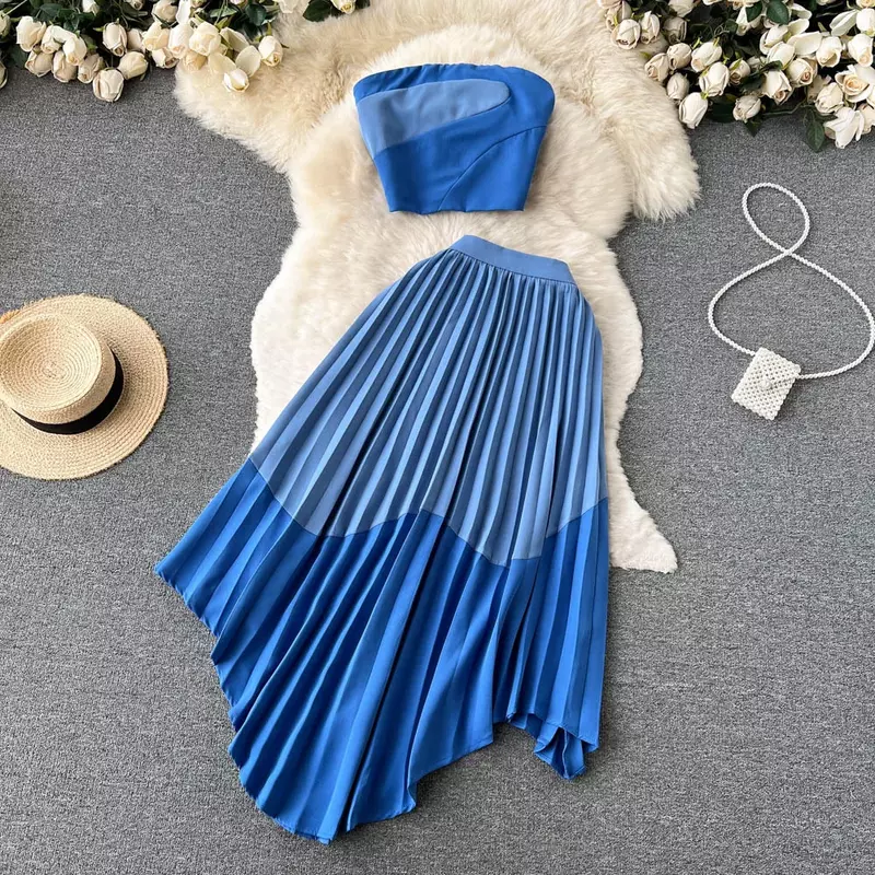 Dress Girls Wear A Two-piece Set with A Girlish Vibe Women's Summer Contrasting  Irregular Pleated Half Body Set Skirt Sets