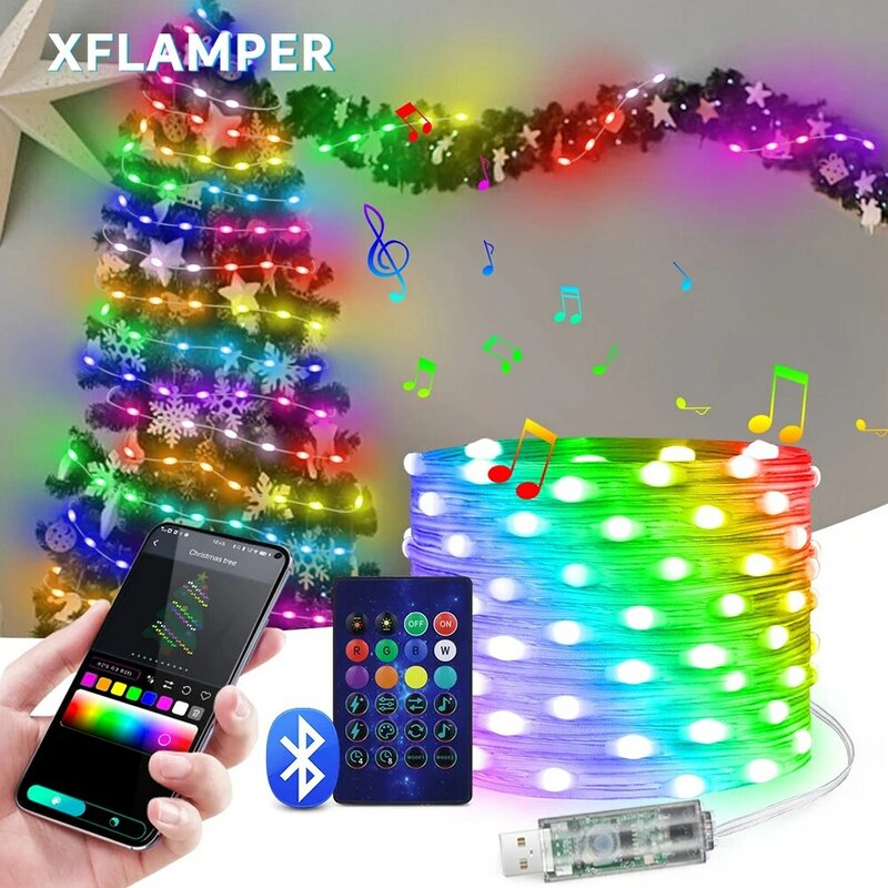 Luces de hadas inteligentes LED RGBIC, cuerda de luz con Control por aplicación Bluetooth, bricolaje, fiesta de Navidad, boda, decoración del hogar, 5M, 10M, 20M