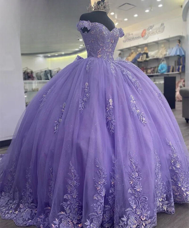 Gaun Quinceanera Lavender gaun pesta tanpa bahu kain Tule applique manis 16 Gaun 15 aguos Meksiko