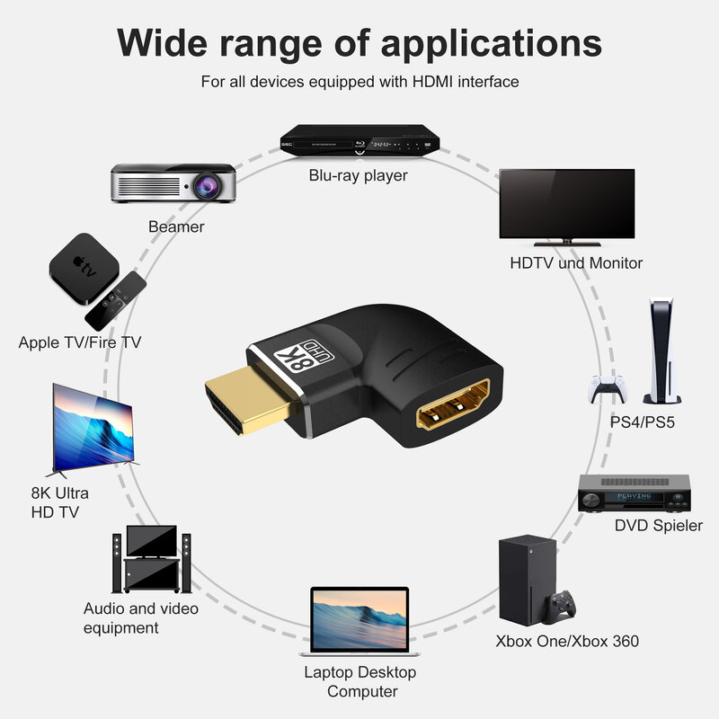 TV 노트북용 HDMI 케이블 익스텐션 커넥터, 8K 60Hz HDMI 2.1 어댑터, 90 270 도 직각 암수 변환기