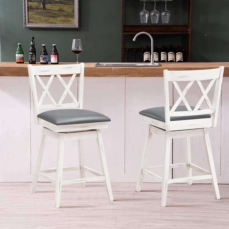 Stołek barowy zestaw 2, 360 ° obrotowe stołek barowy o wysokości 25 cali z podnóżek tapicerowaną poduszką i ergonomicznym oparciem