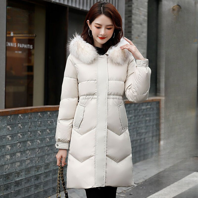 Winter New Women White Duck Down Jacket Female Mid-Length Fashion Slim-Fit Raccoon Fur Collar Hooded Parkas Thicken Warm Outwear