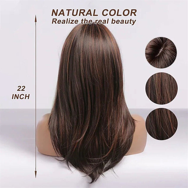 Pelucas para mujeres, Color marrón, largas y rectas, en capas, resaltado, peluca sintética de mujer con flequillo