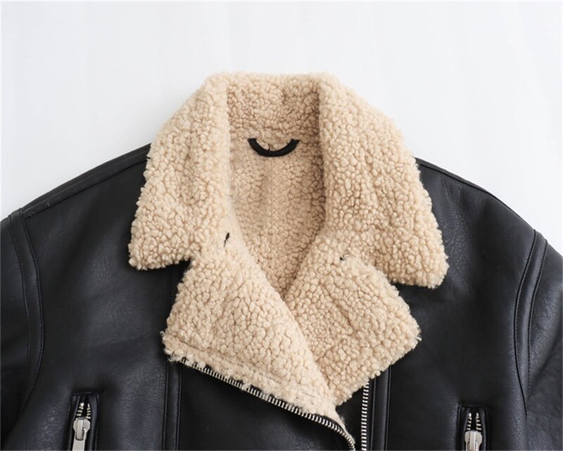 Chaqueta corta de lana de cordero para mujer, abrigo holgado de manga larga con cremallera, solapa grande, elegante, nuevo diseño, en Stock