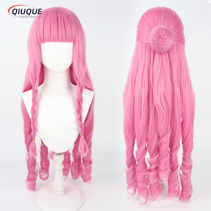 Wig Cosplay Anime Perona 80cm keriting merah muda panjang 2 gaya rambut sintetis tahan panas Wig pesta Halloween + topi Wig