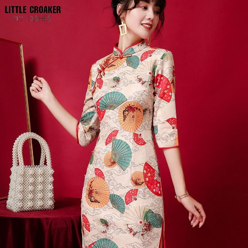 Elegante vestido chinês para mulheres, cheongsam melhorado para meninas, look qipao fino e retrô chinoiserie, primavera, 2023