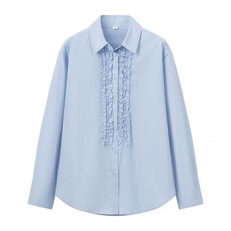 Plus Size Women's Shirts Spring Long Sleeve Lapel Solid Color Shirt The Placket Is Decorated With Three-Dimensional Flowers
