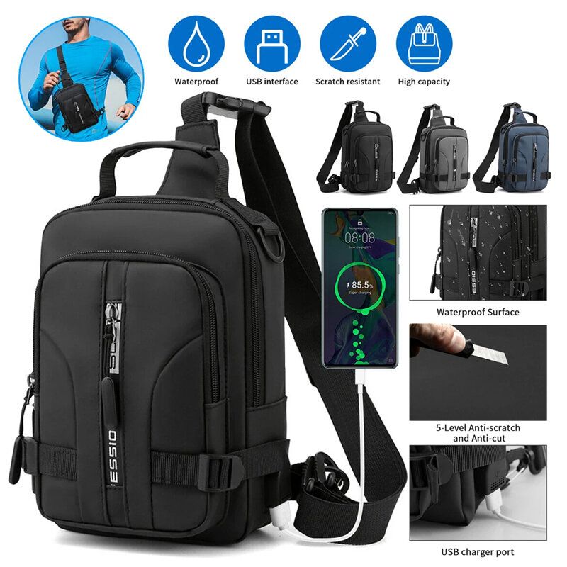 Bandolera antirrobo con puerto USB para hombre, mochila de mensajero para el pecho y el hombro, para deportes al aire libre y viajes