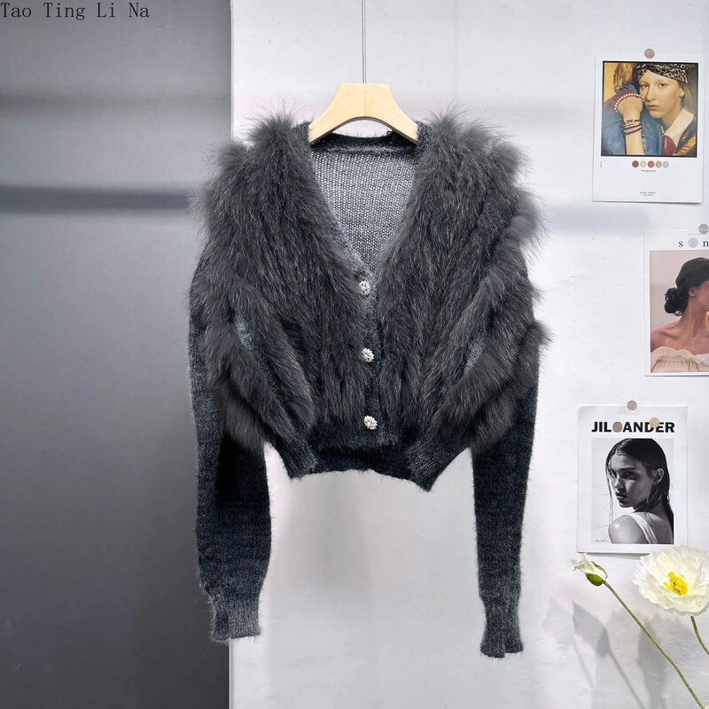 2023ฤดูใบไม้ผลิใหม่ Fox Fur เสื้อกันหนาวผู้หญิงเสื้อสเวตเตอร์ถักสั้นเสื้อ H1