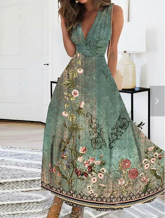 2024 Summer Women's Elegant Party Sleeveless Long Dress Robe Sexy Bohemian Print Dress Tank Top Casual Sundress