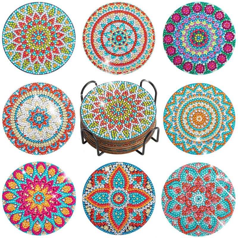 Mandala Flores Coaster para Home Decor, DIY Pintura Diamante, Mesa Placemat, Mosaic Art Drink Cup, Presente de Natal, 8 Pcs, 6Pcs