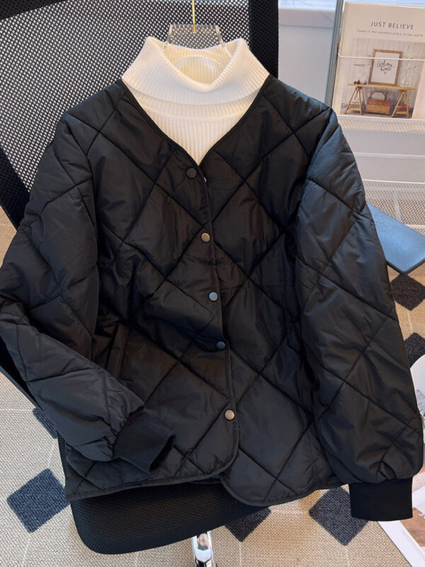 여성용 다운 코튼 재킷, 캐주얼 루즈 퀼트 코트, 여성 한국 패션, 싱글 브레스트 경량 파카, 가을 겨울
