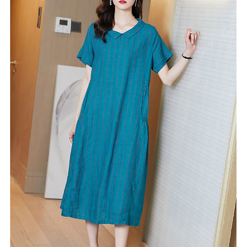 Fashion Lapel Printed Folds Striped Casual Dresses Women's Clothing 2024 Summer New Oversized Commuter Loose Midi Dress