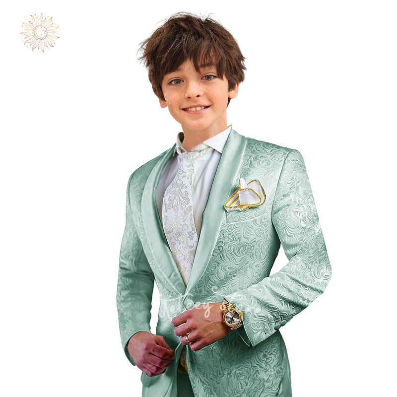 Tuksedo Formal anak laki-laki, setelan jas Formal Jacquard Slim Fit 2 buah (celana mantel) untuk pesta Prom pernikahan