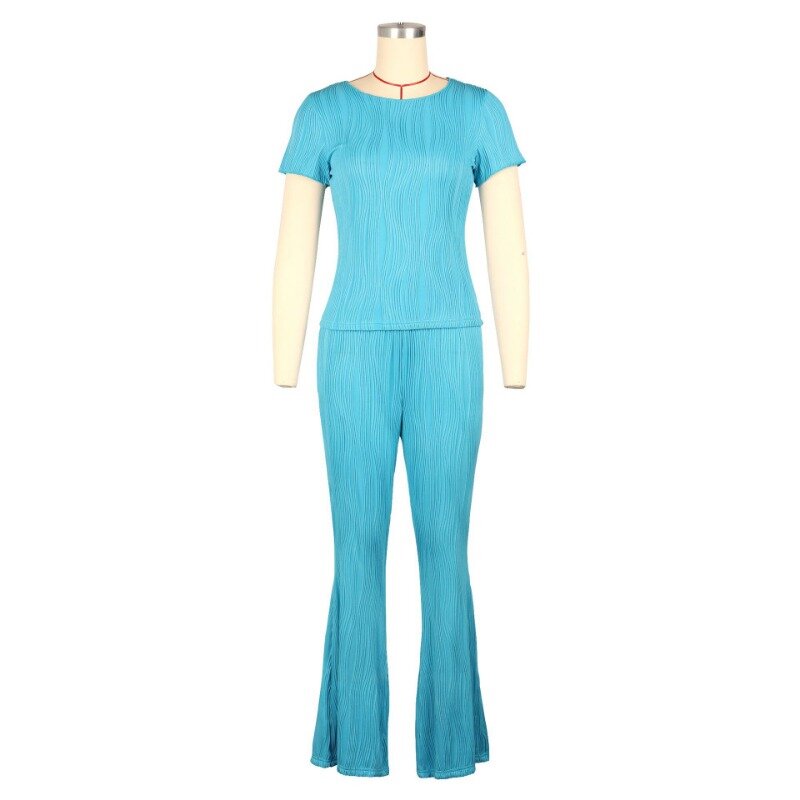 Donna Solid Summer Ribbed 2 pezzi Set tute Casual t-shirt manica corta top + Slim Flare Pants Fashion Slim Outfit Suits
