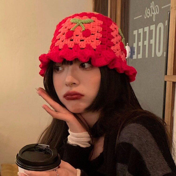Autumn Winter Warm Cornice Knit Hat Ins Cherry Fisherman Hat Hand Knitted Wool Hat Sweet and Cute Net Red Same Hat Bucket Hat