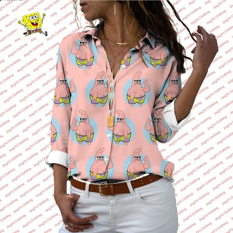 Женская однобортная рубашка с принтом Губка Боб, повседневная универсальная рубашка с отложным воротником и длинным рукавом, модель y2k, 2024