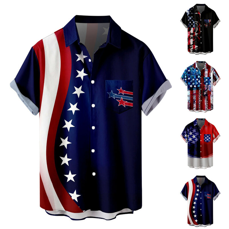 Heren Onafhankelijkheidsdag Vlag 3d Digitaal Printen Mode Revers Knoop T-Shirt Shirt Hemd Camisas De Hombre Strandkleding Knappe Mannen