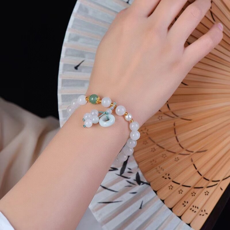 Manik-manik Tianshan giok 8mm rantai tangan batu alam gelang elastis wanita indah batu permata gelang perhiasan jimat perhiasan