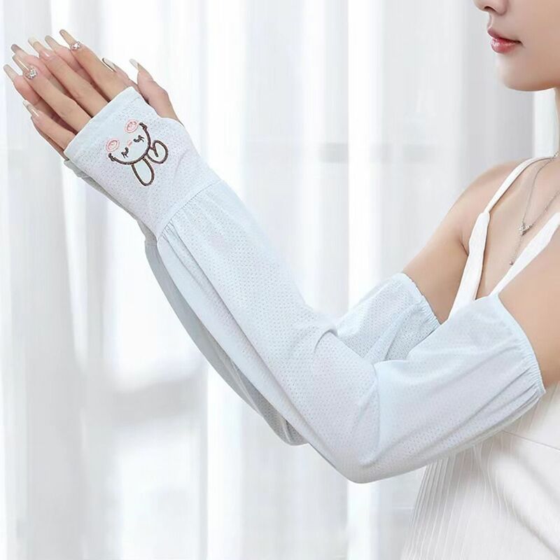 แขนเสื้อกันแดดผ้าไอซ์ซิลค์ปักพวงกุญแจกระต่ายน้อยสำหรับผู้หญิงแขนกันแดดทรงหลวมระบายอากาศ