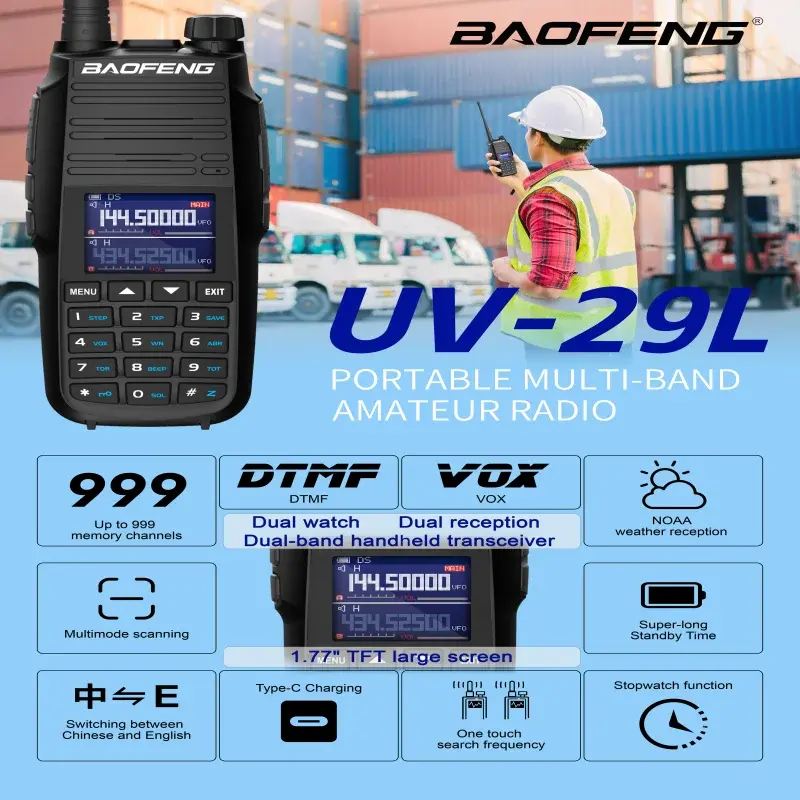 Портативная рация Baofeng UV-29 Pro Max, Type-C, зарядка, FM-радио, 220-260 МГц, высокая мощность, двухстороннее радио NOAA, 999 каналов, большой радиус действия, DTMF